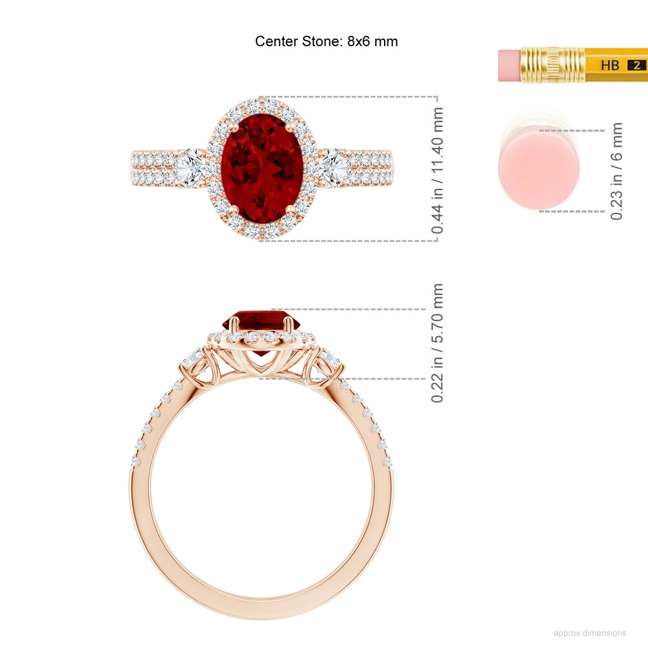 8x6mm Labgrown Oval Lab-Grown Ruby Halo Double Shank Engagement Ring in Rose Gold ruler