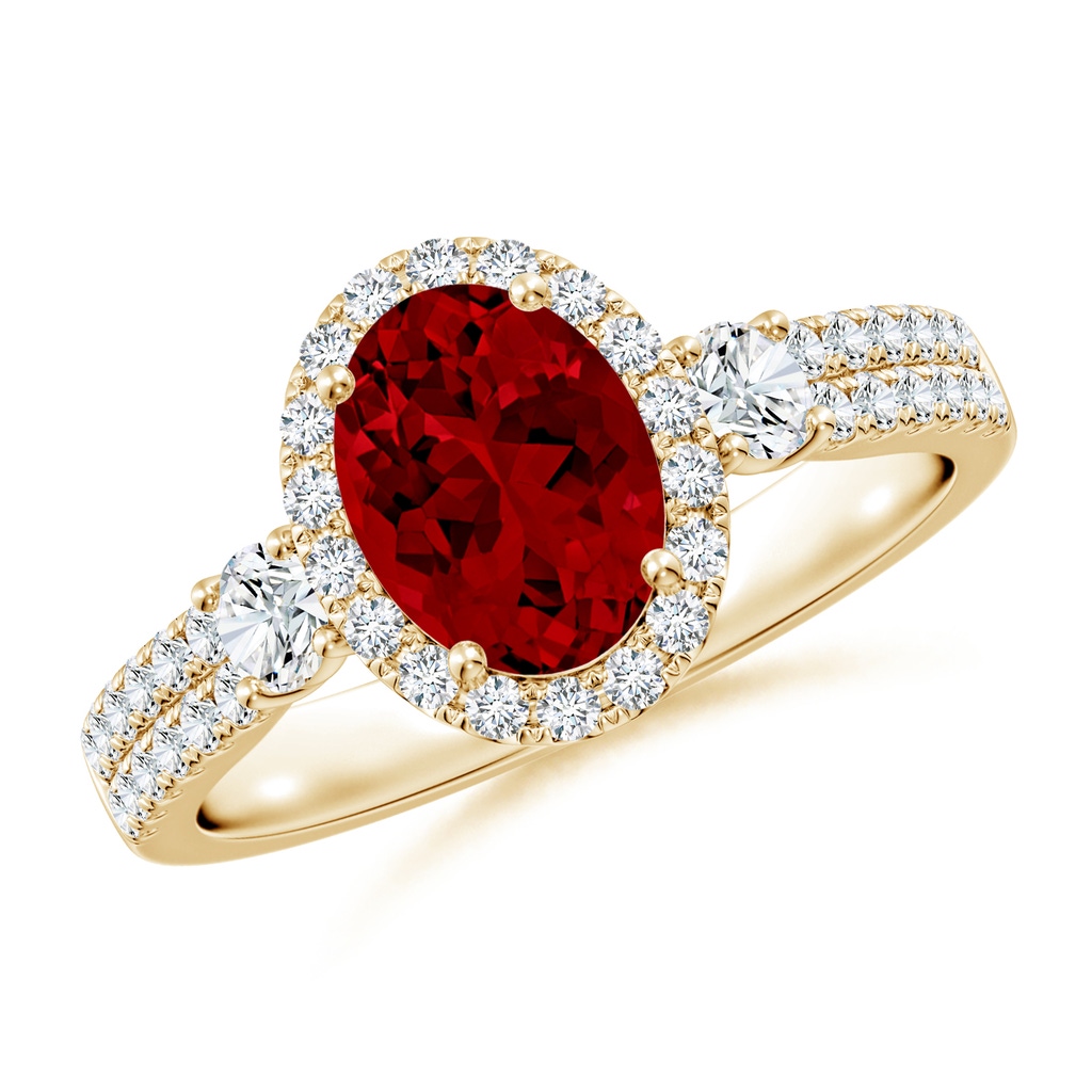 8x6mm Labgrown Oval Lab-Grown Ruby Halo Double Shank Engagement Ring in Yellow Gold