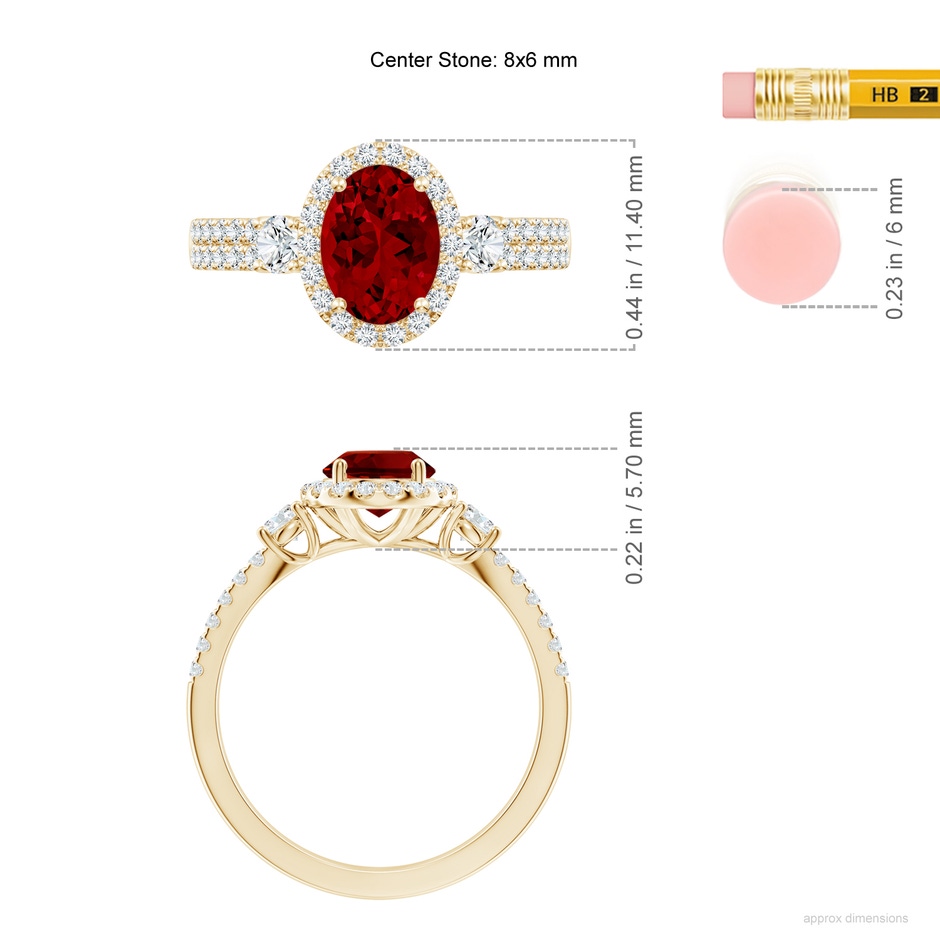 8x6mm Labgrown Oval Lab-Grown Ruby Halo Double Shank Engagement Ring in Yellow Gold ruler