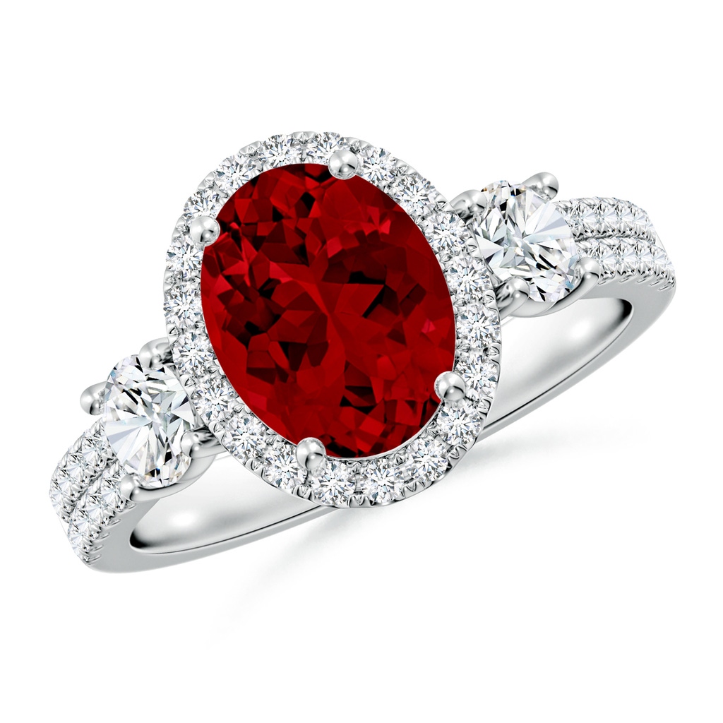 9x7mm Labgrown Oval Lab-Grown Ruby Halo Double Shank Engagement Ring in White Gold
