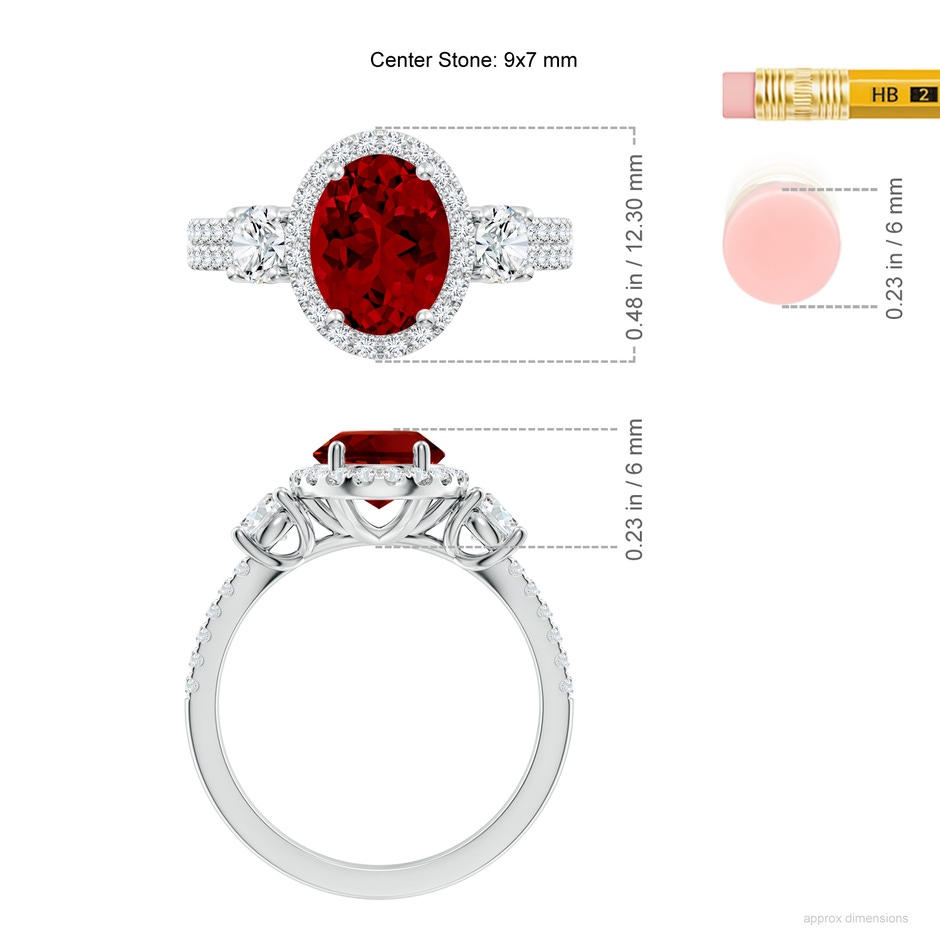 9x7mm Labgrown Oval Lab-Grown Ruby Halo Double Shank Engagement Ring in White Gold ruler