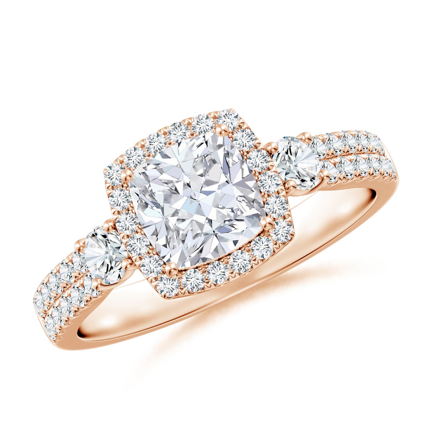 6mm FGVS Cushion Lab-Grown Diamond Halo Double Shank Engagement Ring in Rose Gold