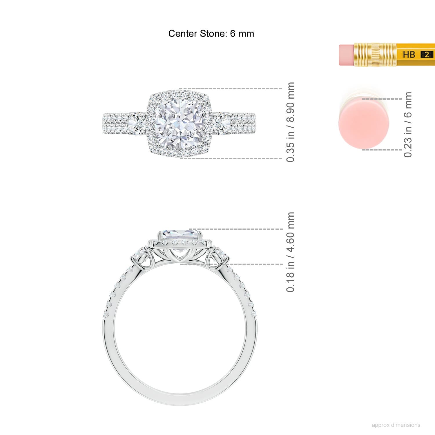 6mm FGVS Cushion Lab-Grown Diamond Halo Double Shank Engagement Ring in White Gold - ruler