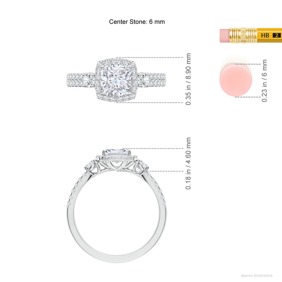 6mm FGVS Cushion Lab-Grown Diamond Halo Double Shank Engagement Ring in White Gold ruler