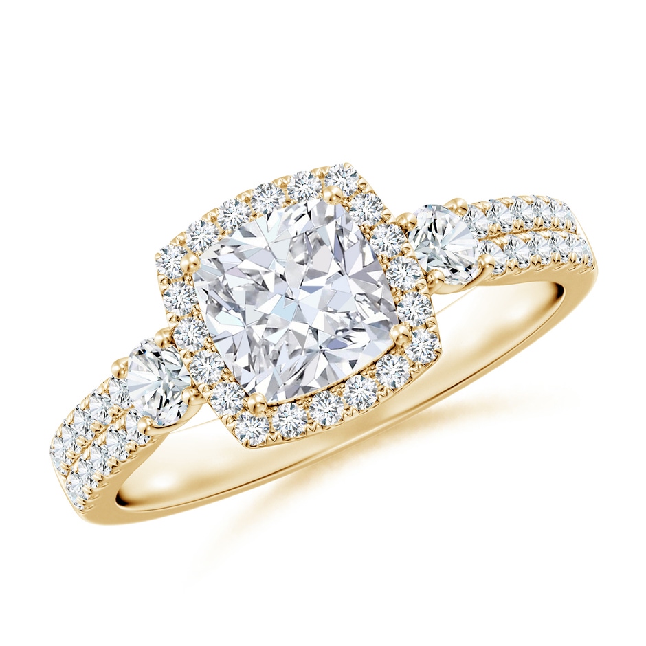 6mm FGVS Cushion Lab-Grown Diamond Halo Double Shank Engagement Ring in Yellow Gold 