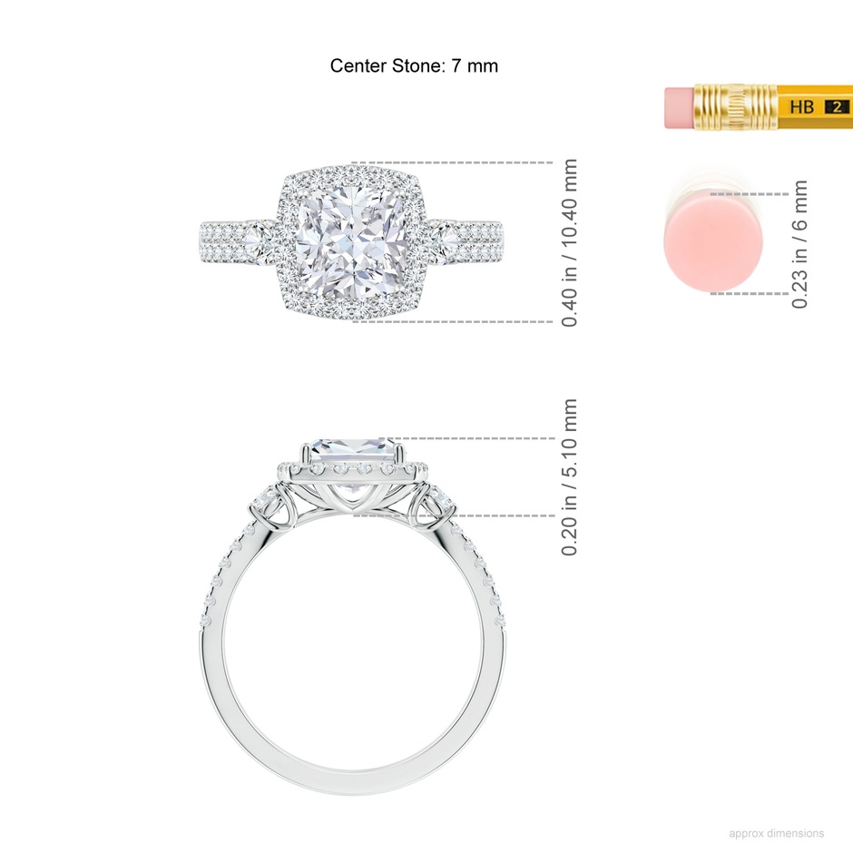 7mm FGVS Cushion Lab-Grown Diamond Halo Double Shank Engagement Ring in White Gold ruler