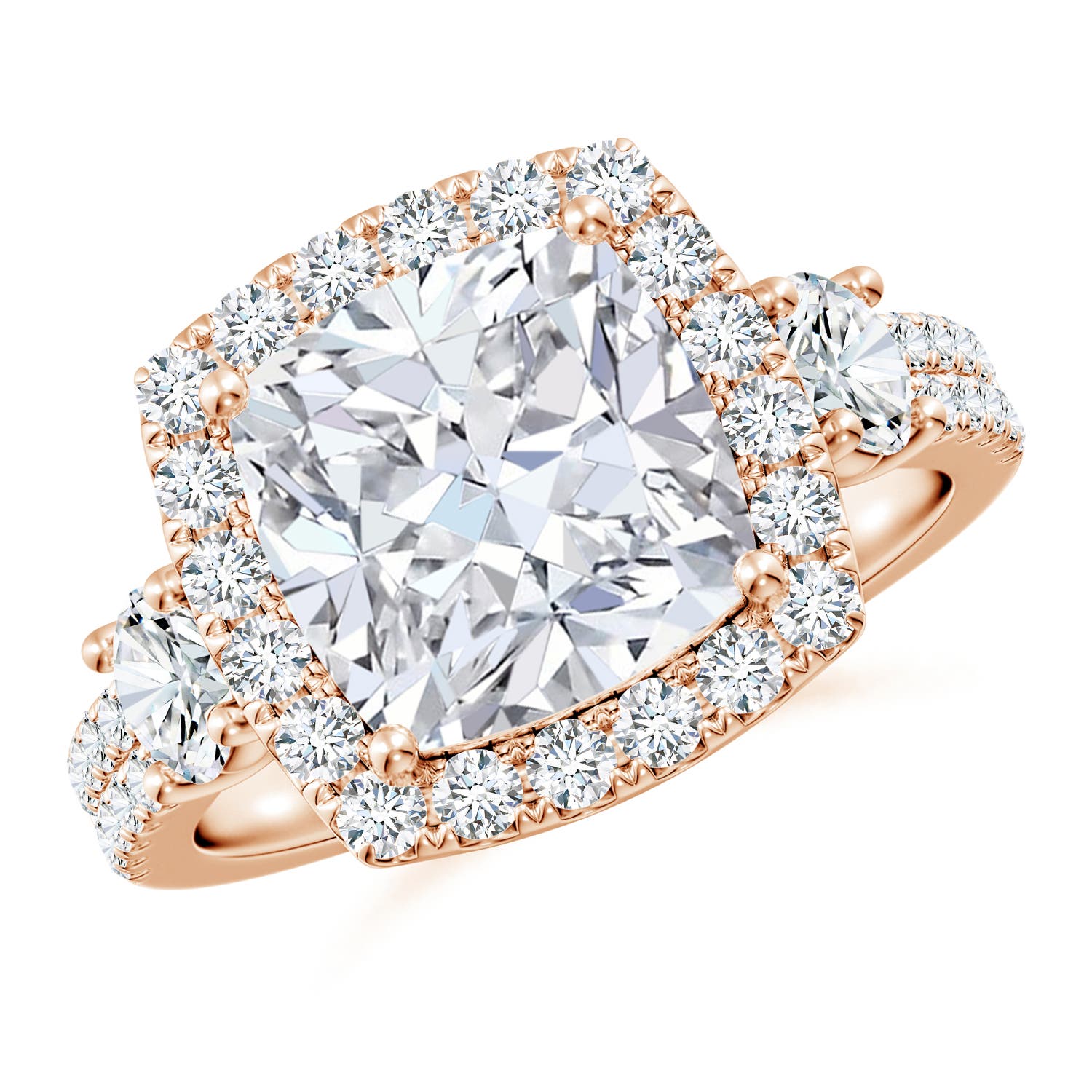 8.9mm FGVS Cushion Lab-Grown Diamond Halo Double Shank Engagement Ring in 18K Rose Gold