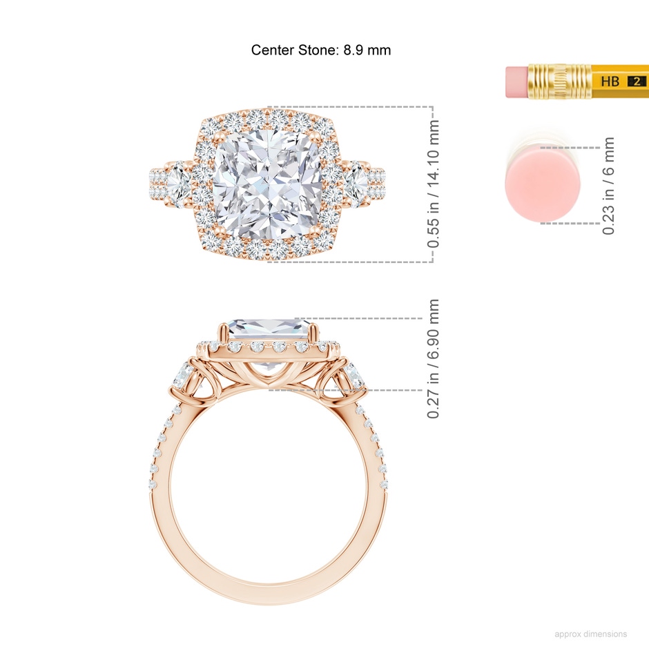 8.9mm FGVS Cushion Lab-Grown Diamond Halo Double Shank Engagement Ring in 18K Rose Gold ruler