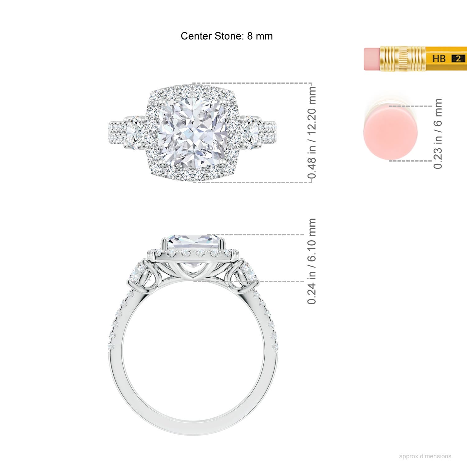 8mm FGVS Cushion Lab-Grown Diamond Halo Double Shank Engagement Ring in White Gold - ruler
