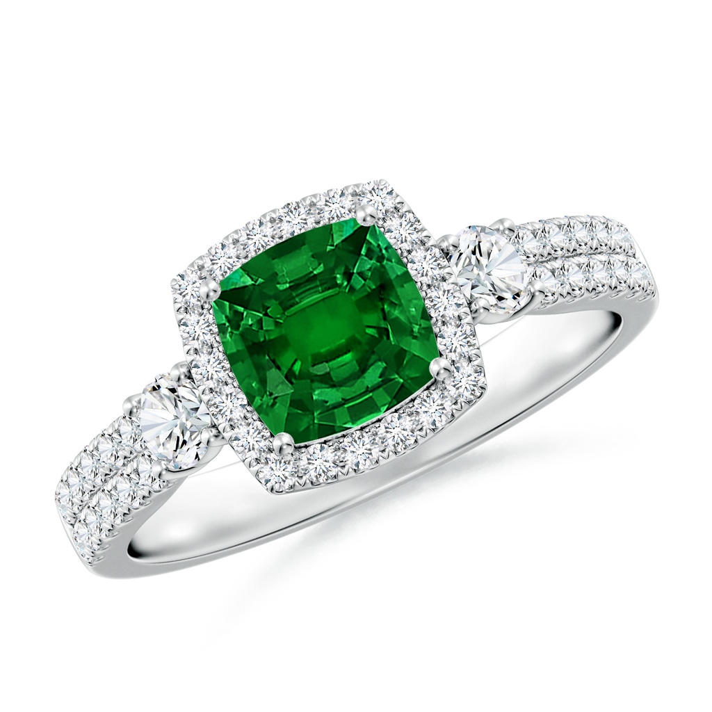 6mm Labgrown Cushion Lab-Grown Emerald Halo Double Shank Engagement Ring in White Gold