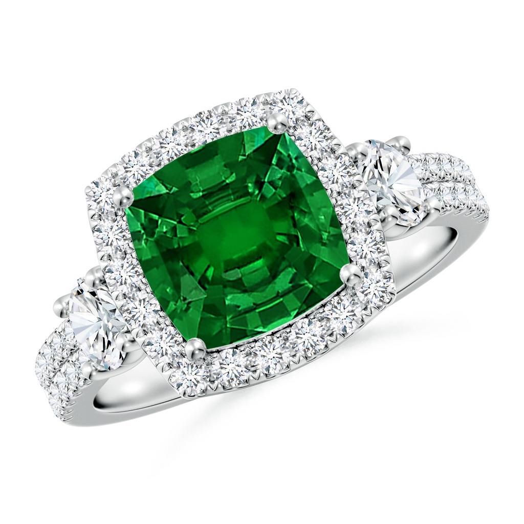8mm Labgrown Cushion Lab-Grown Emerald Halo Double Shank Engagement Ring in White Gold