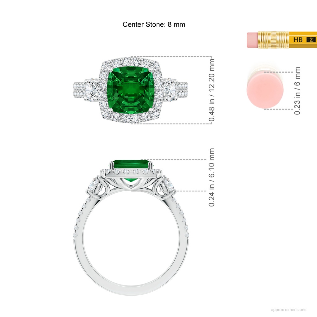 8mm Labgrown Cushion Lab-Grown Emerald Halo Double Shank Engagement Ring in White Gold ruler