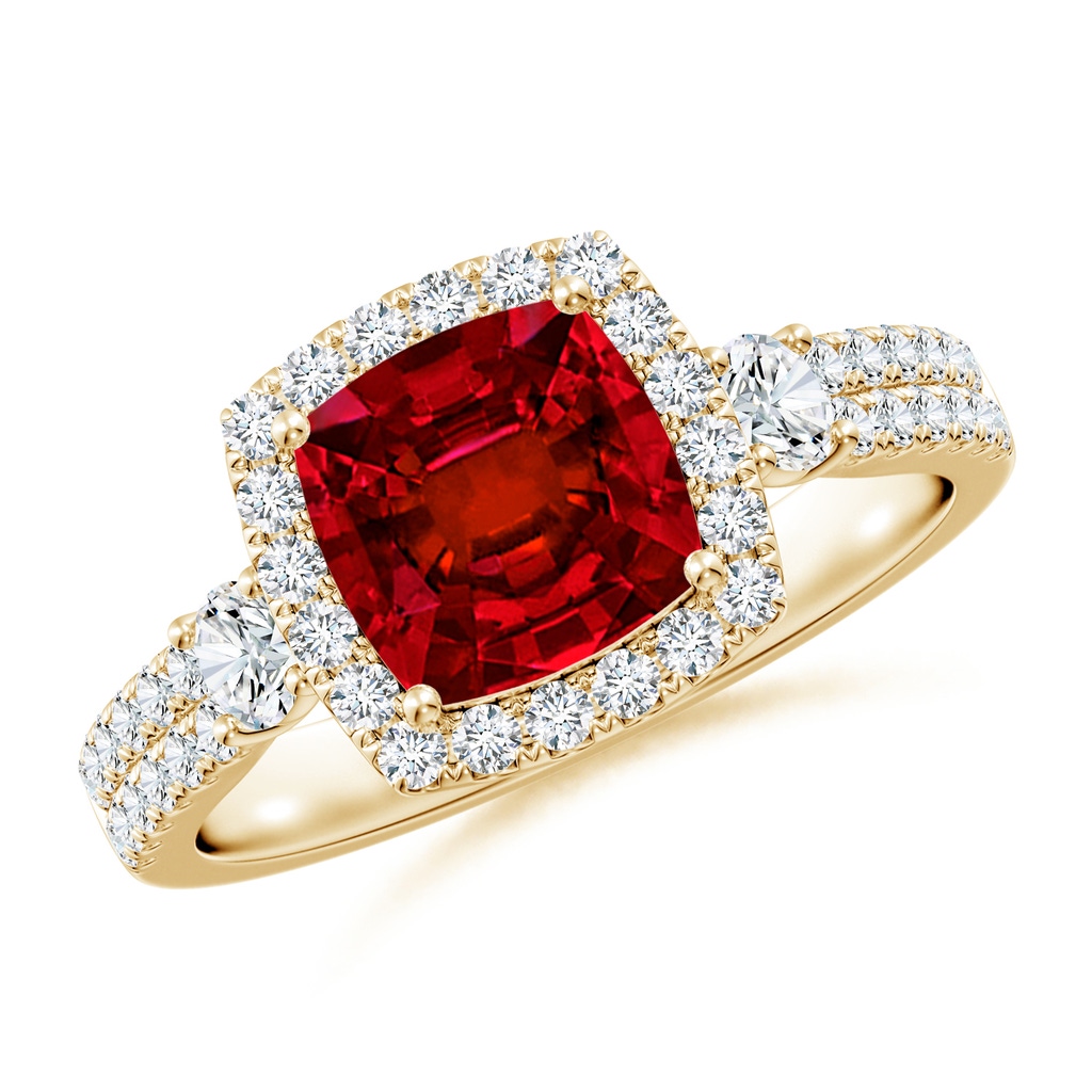 7mm Labgrown Cushion Lab-Grown Ruby Halo Double Shank Engagement Ring in Yellow Gold