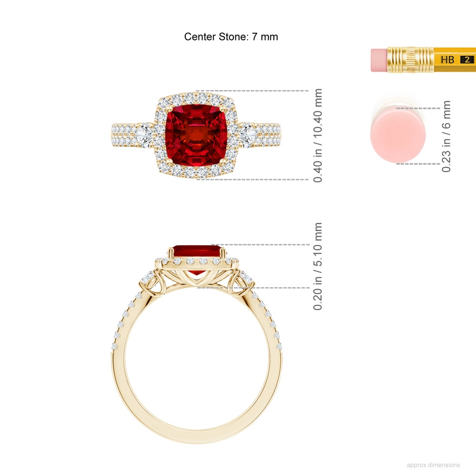 7mm Labgrown Cushion Lab-Grown Ruby Halo Double Shank Engagement Ring in Yellow Gold ruler