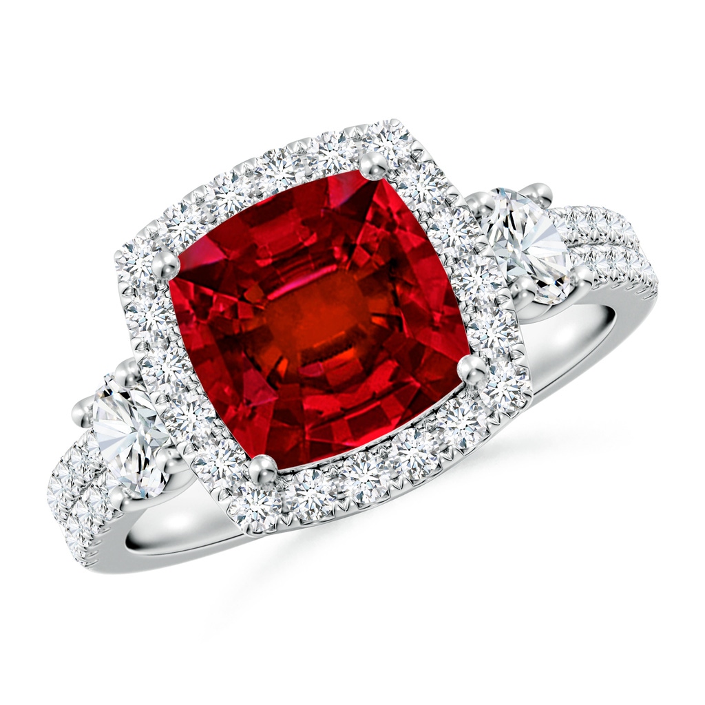 8mm Labgrown Cushion Lab-Grown Ruby Halo Double Shank Engagement Ring in White Gold