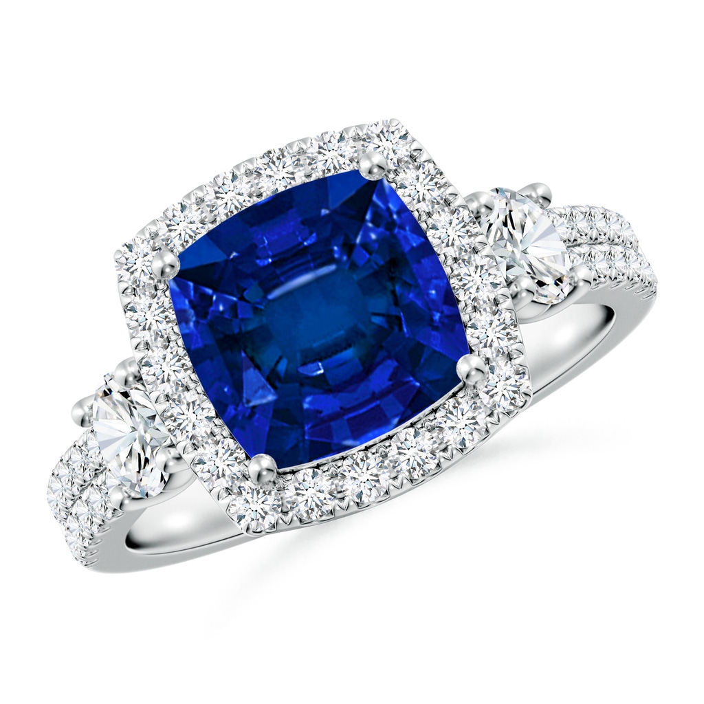 8mm Labgrown Cushion Lab-Grown Blue Sapphire Halo Double Shank Engagement Ring in White Gold
