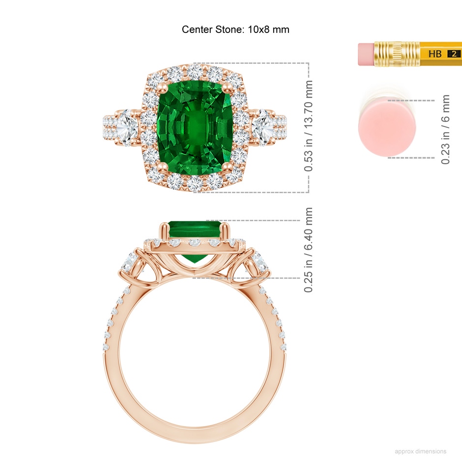 10x8mm Labgrown Cushion Rectangular Lab-Grown Emerald Halo Double Shank Engagement Ring in 18K Rose Gold ruler