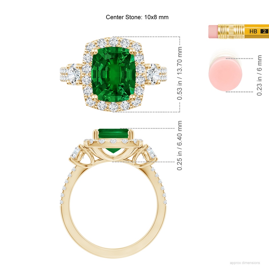 10x8mm Labgrown Cushion Rectangular Lab-Grown Emerald Halo Double Shank Engagement Ring in Yellow Gold ruler