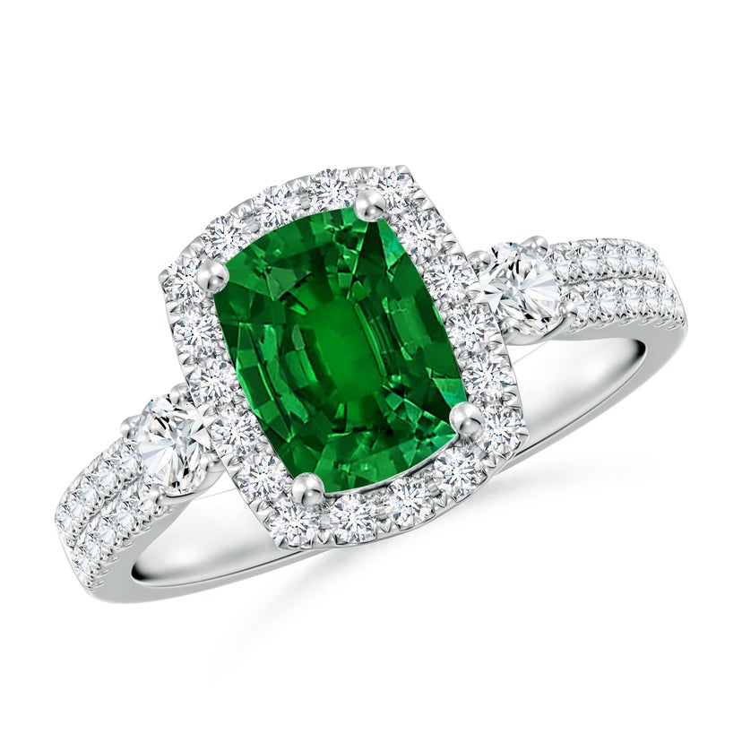 Cushion Rectangular Lab-Grown Emerald Halo Double Shank Engagement Ring
