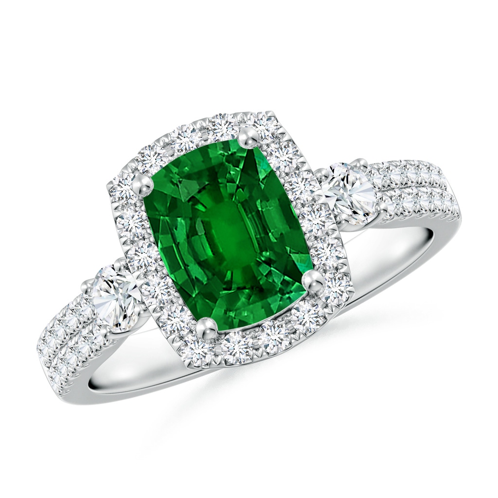 8x6mm Labgrown Cushion Rectangular Lab-Grown Emerald Halo Double Shank Engagement Ring in White Gold