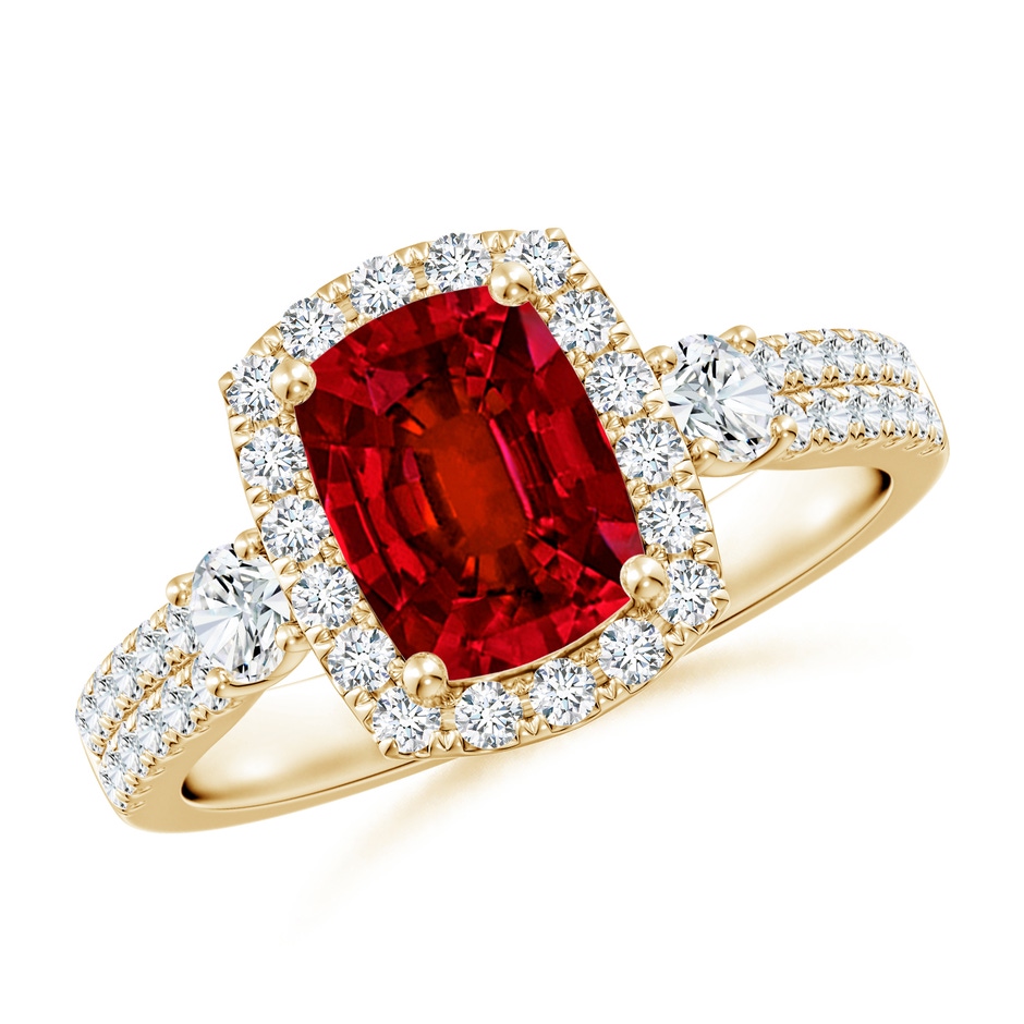 8x6mm Labgrown Cushion Rectangular Lab-Grown Ruby Halo Double Shank Engagement Ring in Yellow Gold 