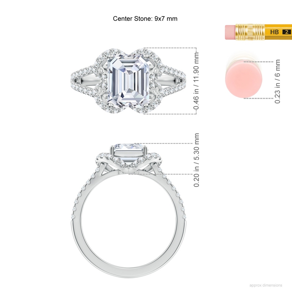 9x7mm FGVS Classic Emerald-Cut Lab-Grown Diamond Couture Engagement Ring in White Gold ruler