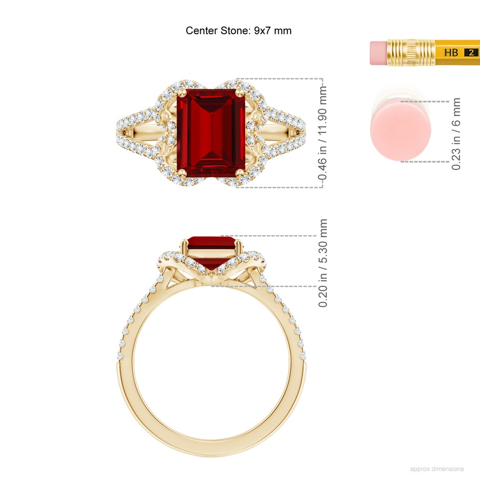 9x7mm Labgrown Classic Emerald-Cut Lab-Grown Ruby Couture Engagement Ring in Yellow Gold ruler