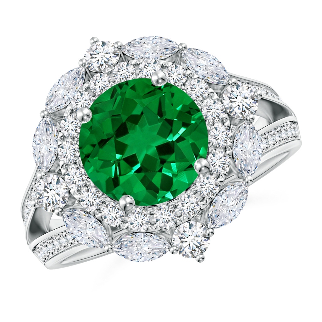 8mm Labgrown Ornate Round Lab-Grown Emerald Halo Engagement Ring in White Gold