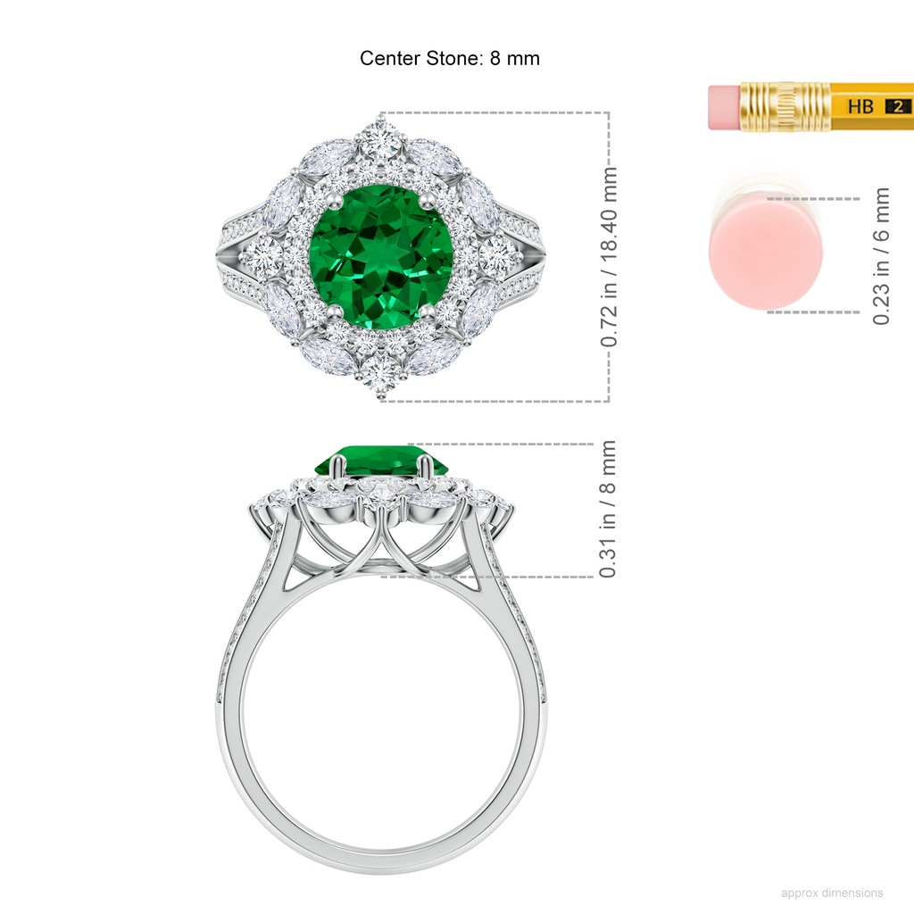 8mm Labgrown Ornate Round Lab-Grown Emerald Halo Engagement Ring in White Gold ruler