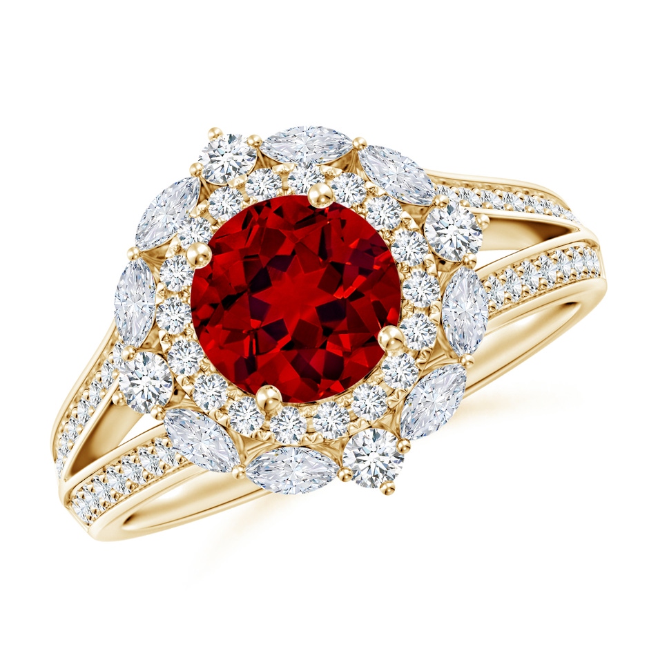 6.5mm Labgrown Ornate Round Lab-Grown Ruby Halo Engagement Ring in Yellow Gold 