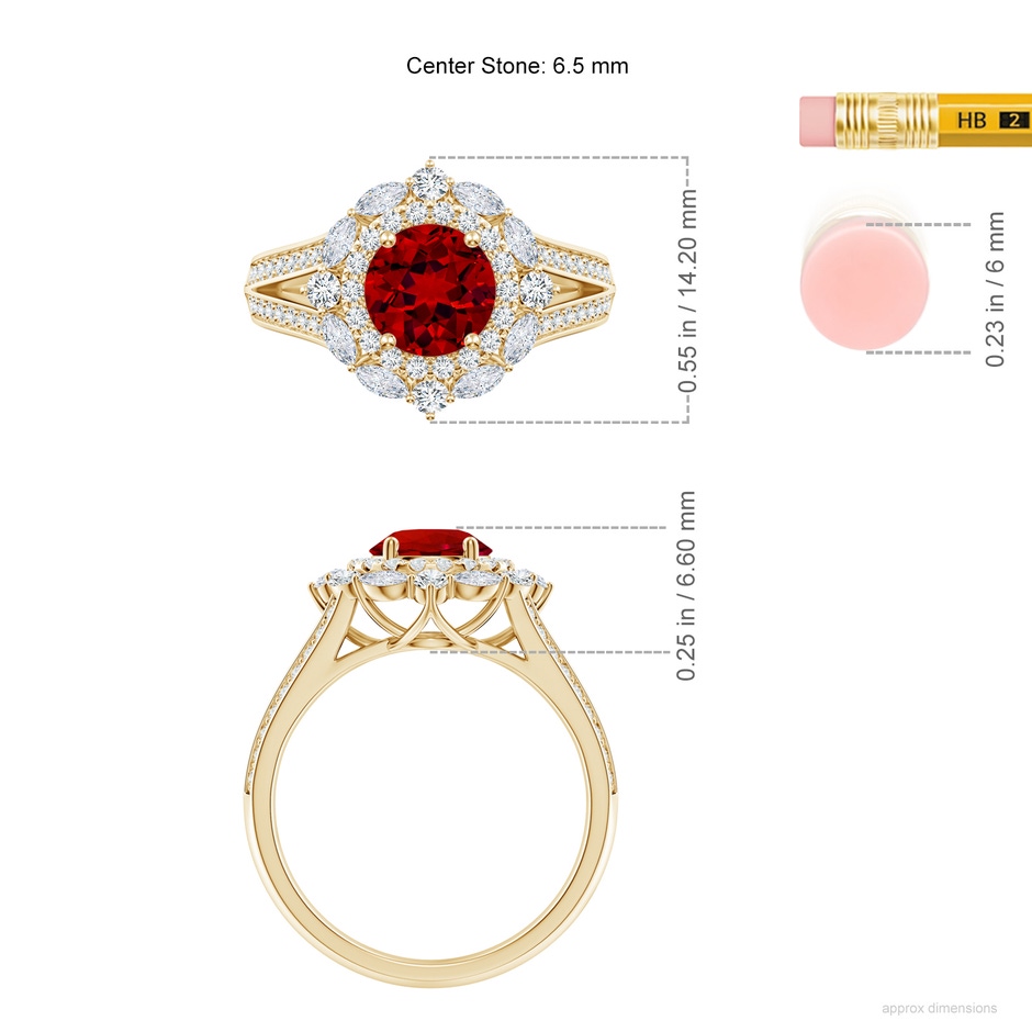 6.5mm Labgrown Ornate Round Lab-Grown Ruby Halo Engagement Ring in Yellow Gold ruler