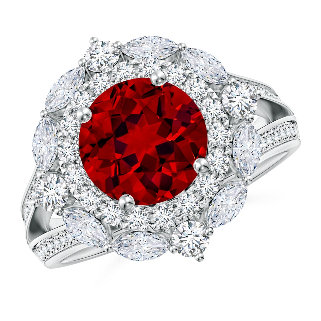 8mm Labgrown Ornate Round Lab-Grown Ruby Halo Engagement Ring in White Gold