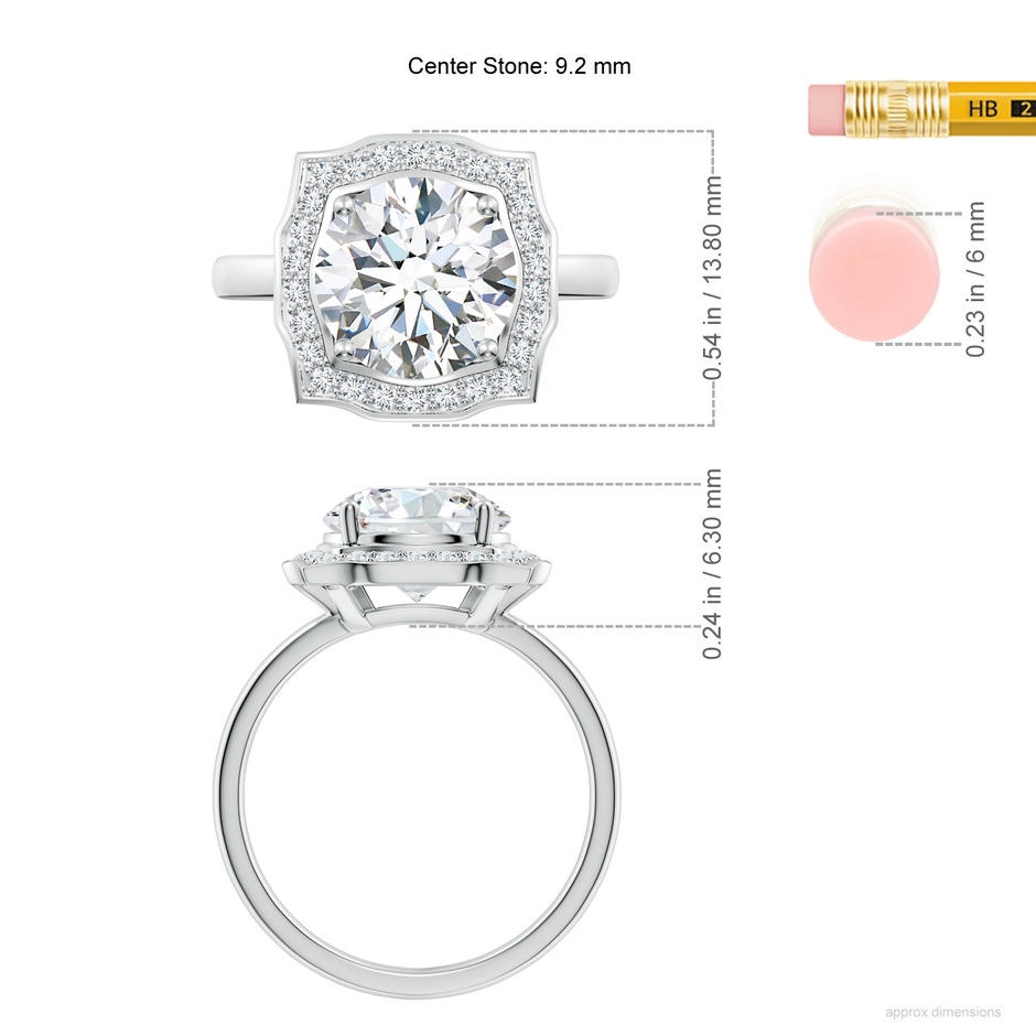 9.2mm FGVS Art Deco Inspired Round Lab-Grown Diamond Halo Engagement Ring in White Gold ruler