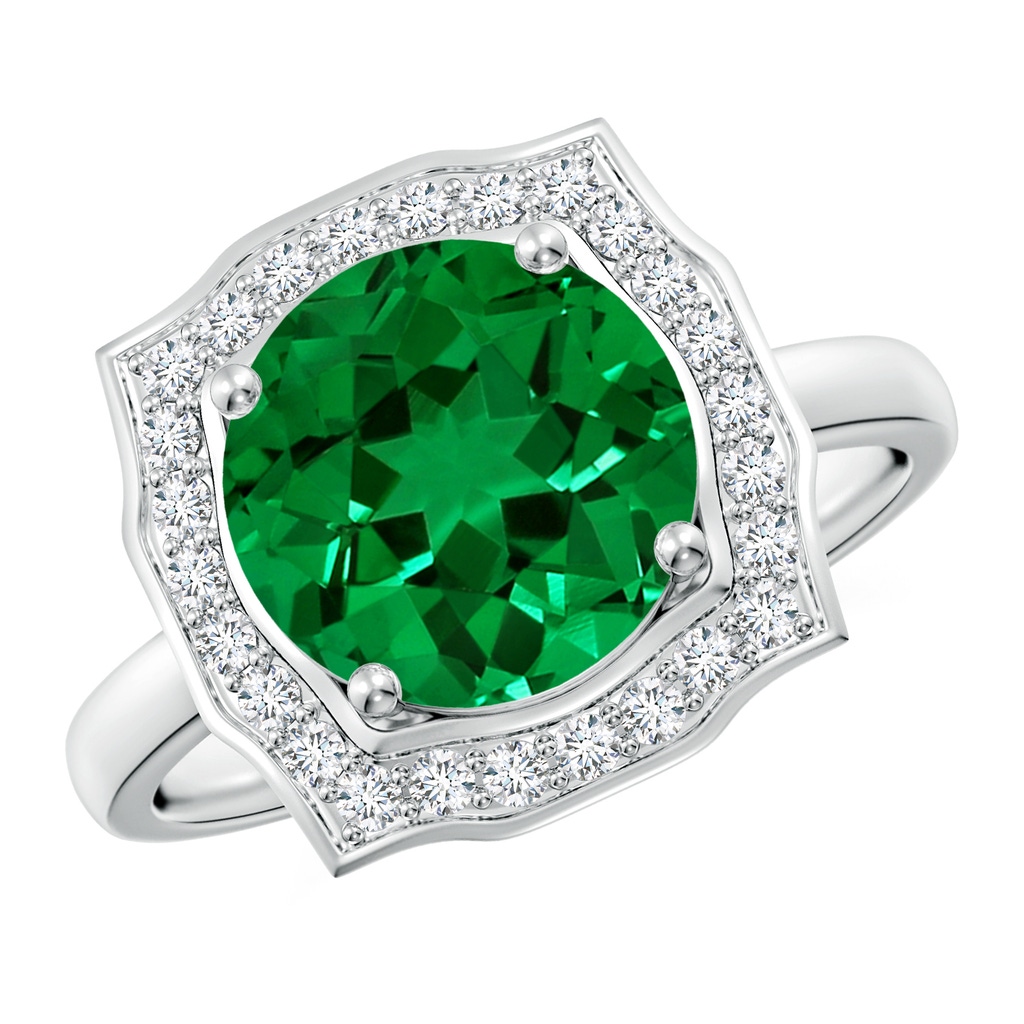 9mm Labgrown Art Deco Inspired Round Lab-Grown Emerald Halo Engagement Ring in White Gold