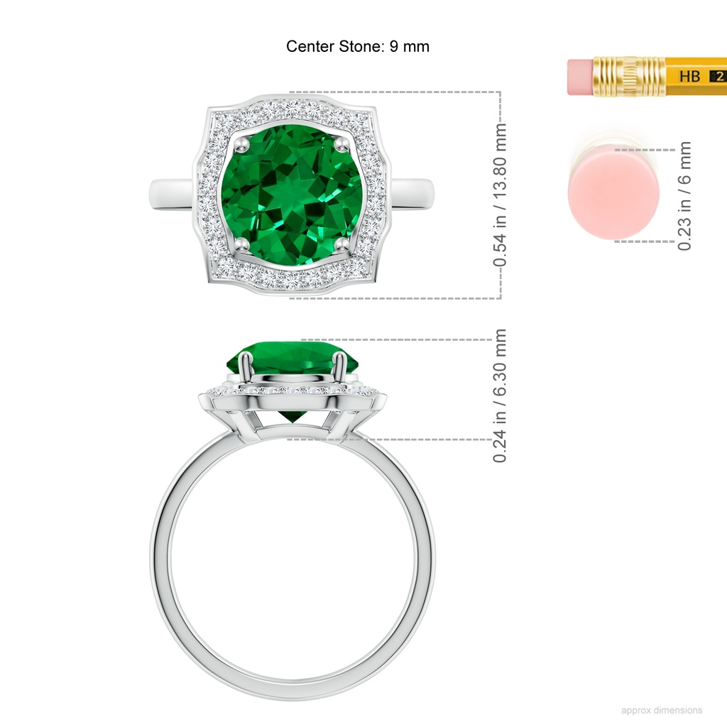 9mm Labgrown Art Deco Inspired Round Lab-Grown Emerald Halo Engagement Ring in White Gold ruler