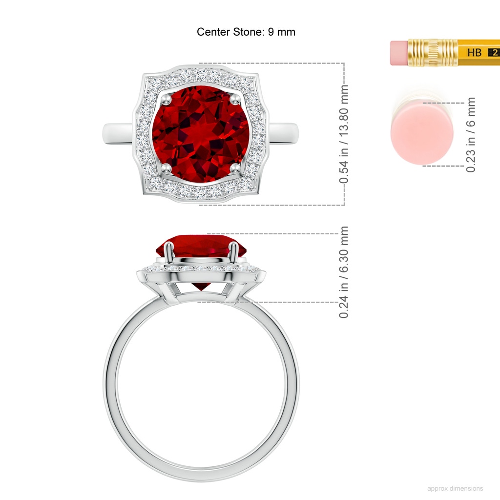 9mm Labgrown Art Deco Inspired Round Lab-Grown Ruby Halo Engagement Ring in White Gold ruler