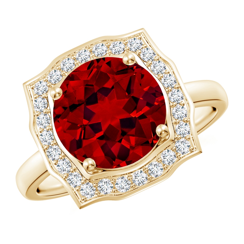 9mm Labgrown Art Deco Inspired Round Lab-Grown Ruby Halo Engagement Ring in Yellow Gold 