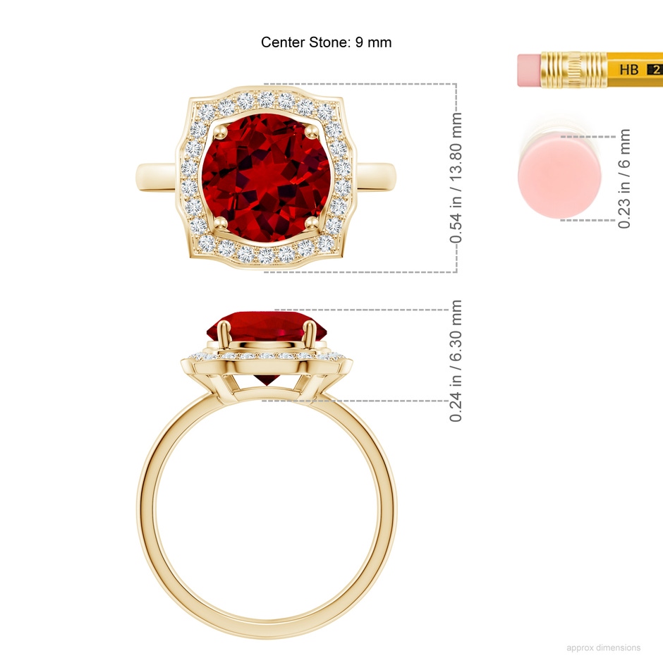 9mm Labgrown Art Deco Inspired Round Lab-Grown Ruby Halo Engagement Ring in Yellow Gold ruler