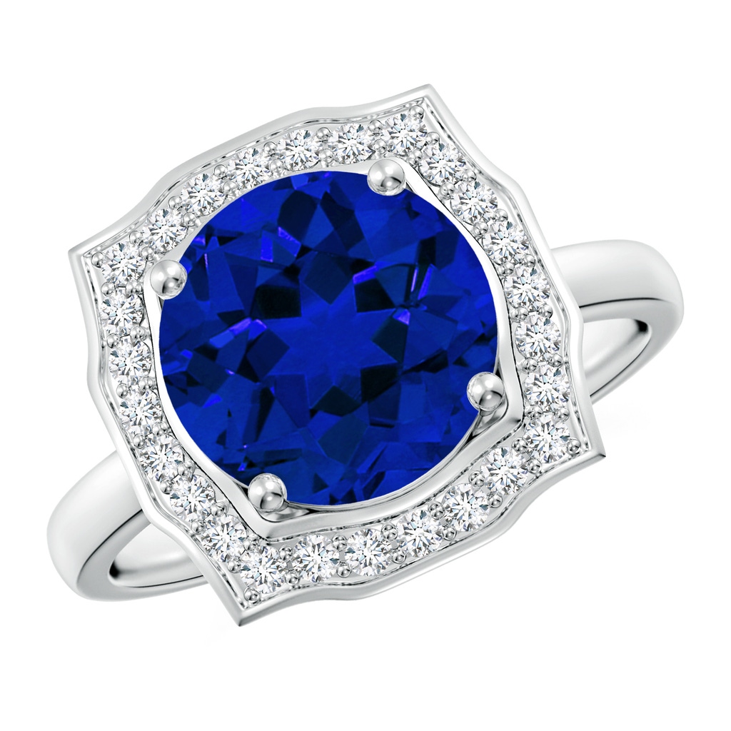 9mm Labgrown Art Deco Inspired Round Lab-Grown Blue Sapphire Halo Engagement Ring in White Gold