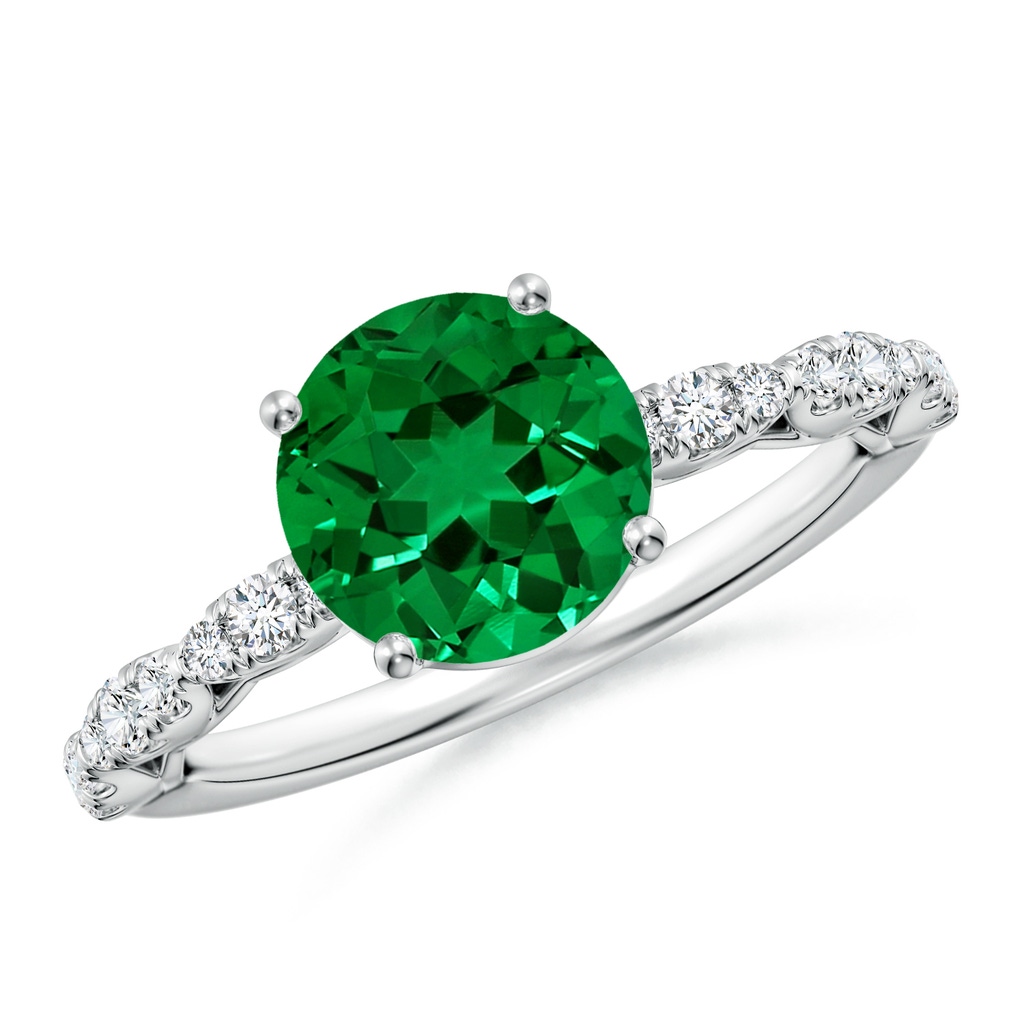 8mm Labgrown Classic Round Lab-Grown Emerald Crescent Engagement Ring in White Gold