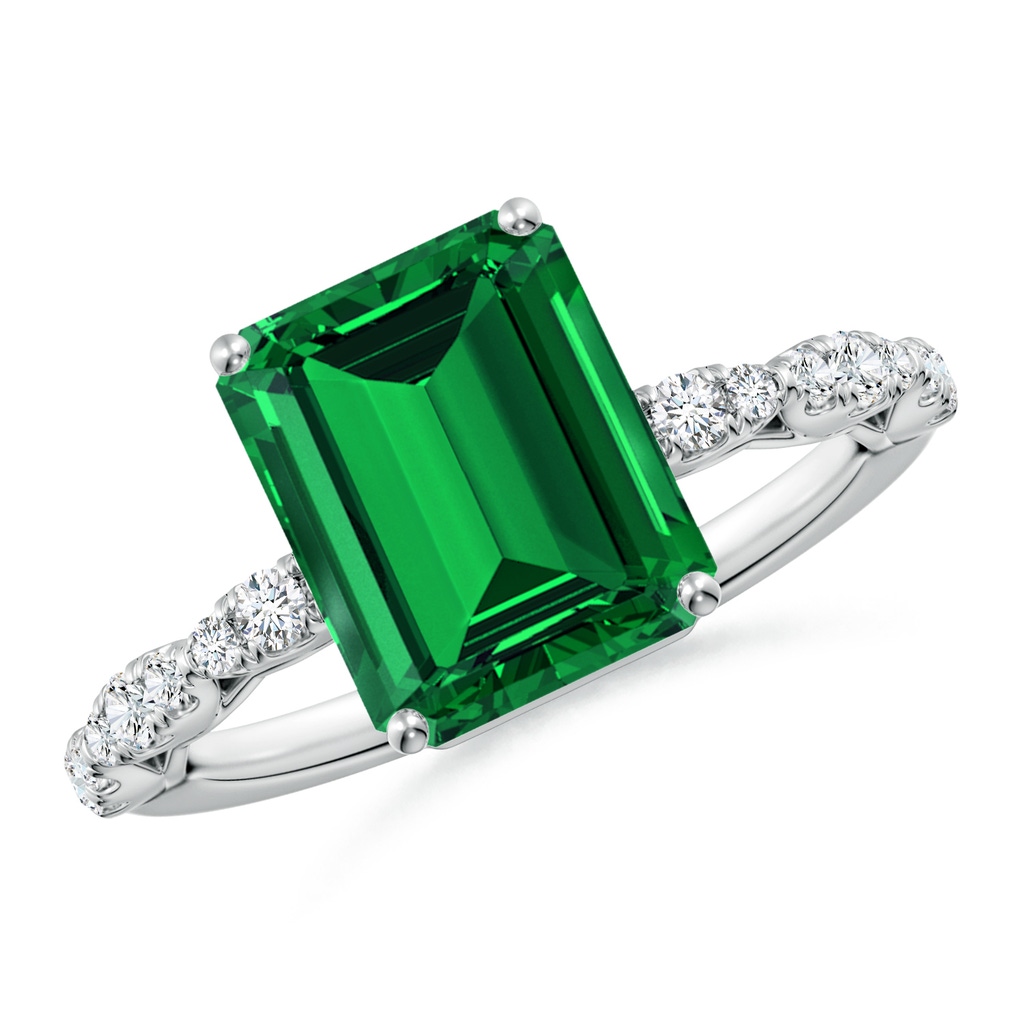 10x8mm Labgrown Classic Emerald-Cut Lab-Grown Emerald Crescent Engagement Ring in White Gold
