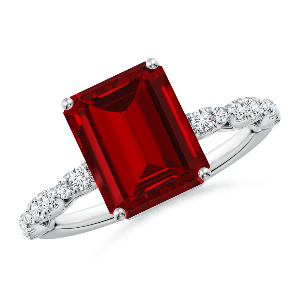 10x8mm Labgrown Classic Emerald-Cut Lab-Grown Ruby Crescent Engagement Ring in White Gold