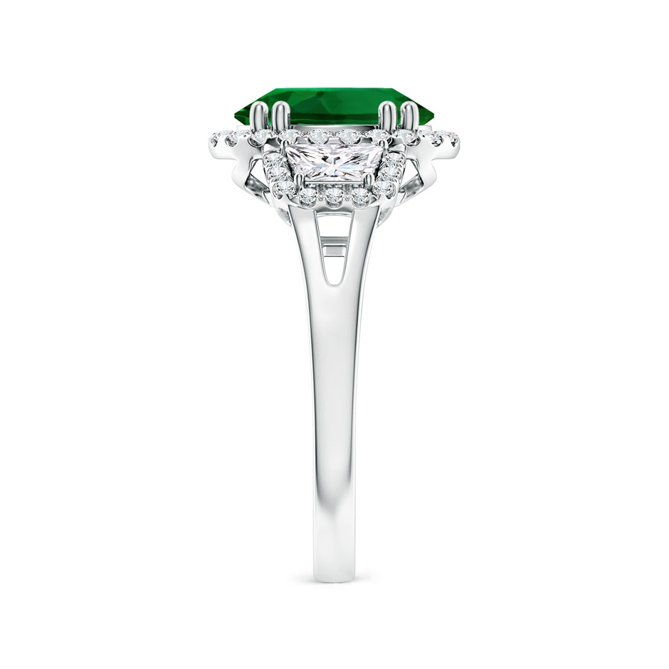 10x8mm Labgrown Three Stone Oval Lab-Grown Emerald and Trapezoid Diamond Halo Engagement Ring in White Gold side 299