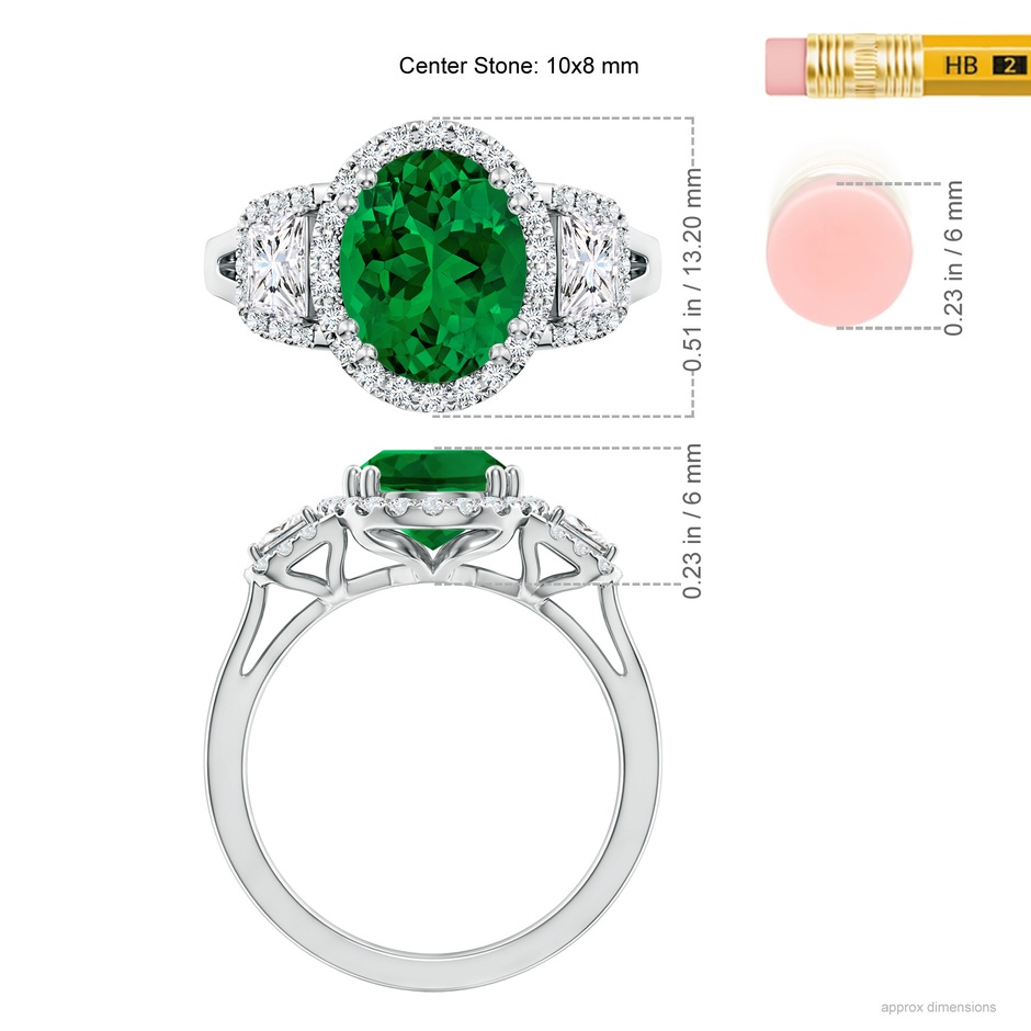 10x8mm Labgrown Three Stone Oval Lab-Grown Emerald and Trapezoid Diamond Halo Engagement Ring in White Gold ruler