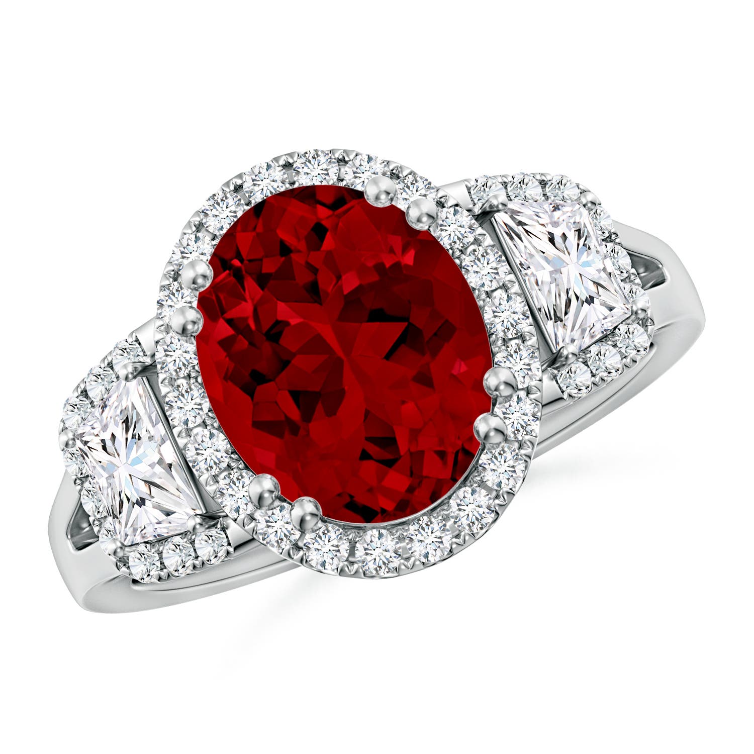 10x8mm Labgrown Three Stone Oval Lab-Grown Ruby and Trapezoid Diamond Halo Engagement Ring in 18CT White Gold