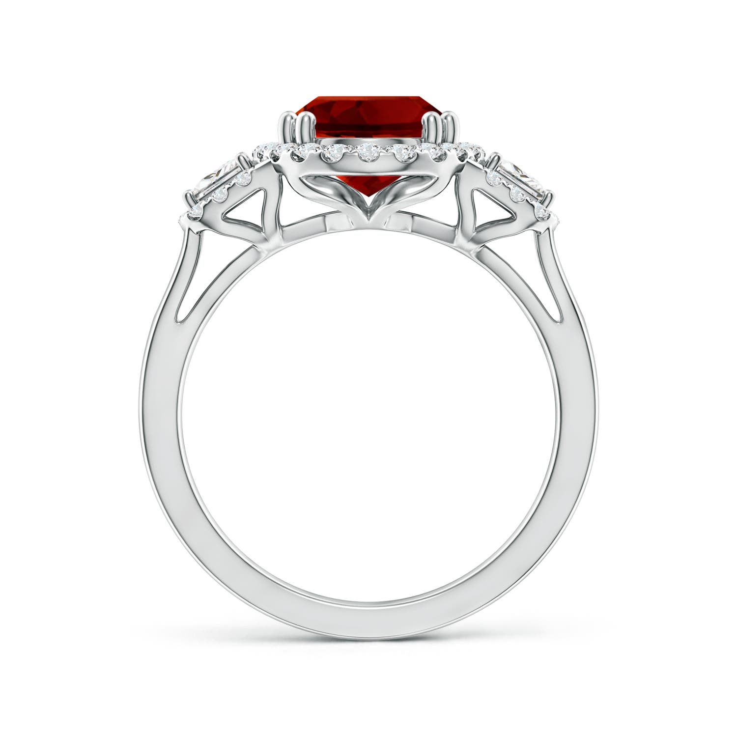 10x8mm Labgrown Three Stone Oval Lab-Grown Ruby and Trapezoid Diamond Halo Engagement Ring in 18K White Gold