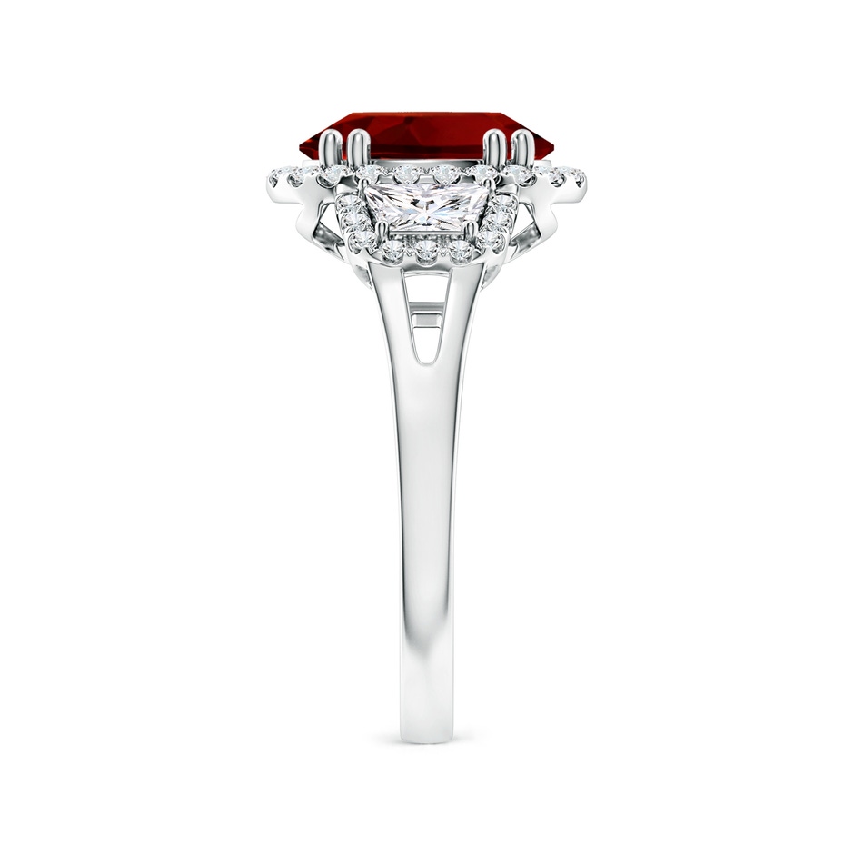 10x8mm Labgrown Three Stone Oval Lab-Grown Ruby and Trapezoid Diamond Halo Engagement Ring in 18K White Gold side 299