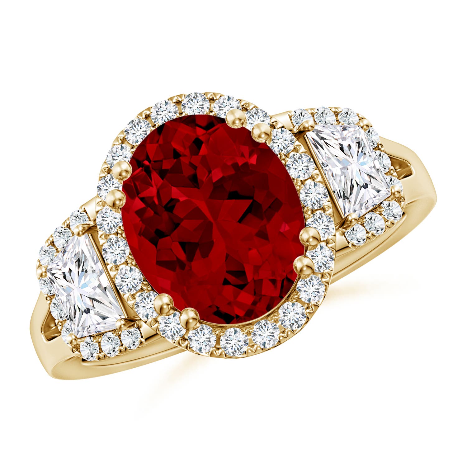 10x8mm Labgrown Three Stone Oval Lab-Grown Ruby and Trapezoid Diamond Halo Engagement Ring in 18CT Yellow Gold