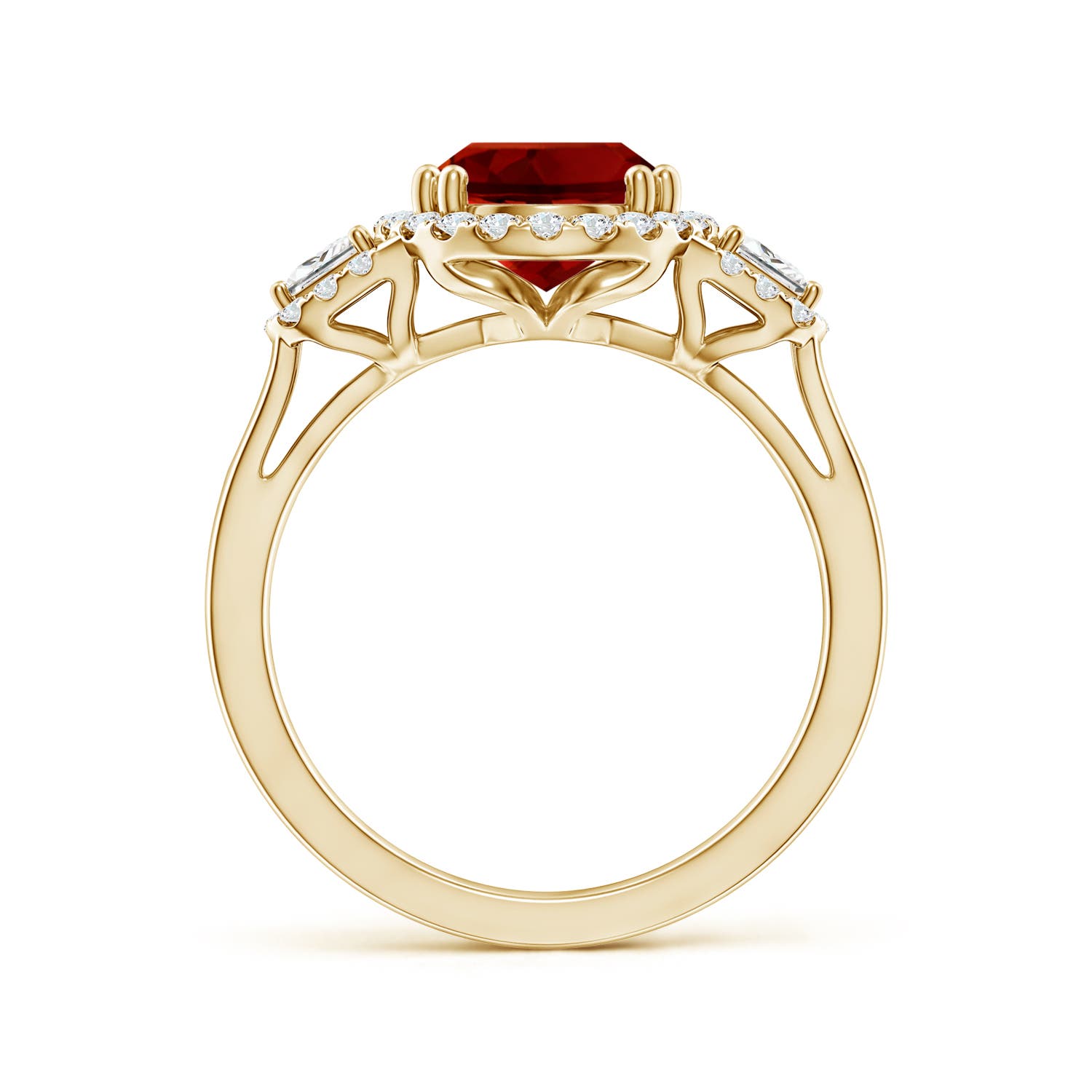 10x8mm Labgrown Three Stone Oval Lab-Grown Ruby and Trapezoid Diamond Halo Engagement Ring in 18K Yellow Gold