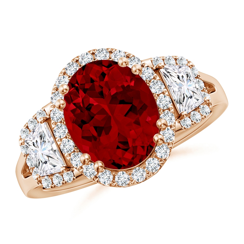 10x8mm Labgrown Three Stone Oval Lab-Grown Ruby and Trapezoid Diamond Halo Engagement Ring in Rose Gold 